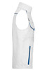 A white workwear vest with blue accents, featuring multiple pockets and a sleeveless design. It has a logo on the front.