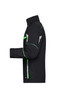 A black softshell work jacket with green accents, featuring reflective details and a side-view silhouette.