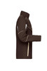 A brown softshell jacket with light detailing, featuring a side view and a logo on the chest area.