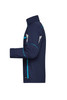 A softshell jacket in navy blue with turquoise accents, featuring a zip pocket and a logo on the sleeve.