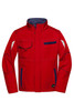 A red softshell jacket featuring various pockets and navy accents, designed for workwear use. It includes a logo.