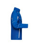 A blue softshell work jacket with white detailing, featuring pockets and a high collar.