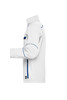 A white softshell work jacket featuring blue accents, with a zippered pocket and a modern design.