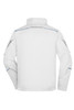 A white softshell work jacket featuring blue accent stitching and a logo on the back.