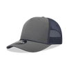 A grey high-profile structured trucker cap with mesh panels and a branded logo.
