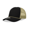 A black and khaki 5 panel high profile structured trucker cap with a mesh back and a logo.