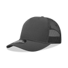 A high-profile structured trucker cap in dark grey, featuring mesh sides and a branded emblem.
