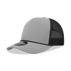 A grey and black 5 Panel High Profile Structured Trucker Rope cap with a mesh back and a logo.