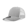A grey 5-panel high profile structured trucker cap with a mesh back and a logo on the front.