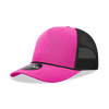 A pink 5 panel high profile structured trucker cap with a black mesh back and a logo.