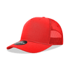 A bright red 5-panel high profile structured trucker cap with mesh sides and a branded patch on the front.