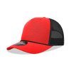 A red 5 panel high profile structured trucker cap with a black mesh back and a branded tag.