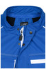 A blue softshell vest featuring a high collar, zip closure, and pockets, with a logo on the label.