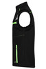 A black softshell vest with bright green accents and zippers, featuring sleeveless design and a logo.