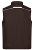 A brown softshell vest with a stand-up collar and reflective detailing on the back, featuring side pockets and a logo.