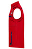 A red softshell vest featuring a sleeveless design, with zippered pockets and a small logo.