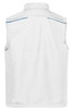 A white softshell vest with a simple design and a logo on the back. It features a collar and no sleeves.