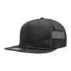 A black, high-profile trucker cap with mesh side panels and a flat brim, featuring a logo on the front.