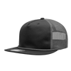 A black and grey 5 Panel High Profile Relaxed Trucker Hat with a mesh back and a flat brim.