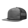 A grey high profile trucker cap featuring a relaxed fit and mesh side panels, with a branded logo.
