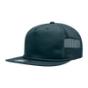 A high-profile, relaxed 5-panel trucker cap in dark green with a mesh back and a logo on the front.