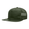 A high-profile, relaxed trucker cap in olive green with mesh panels and a flat brim. 
