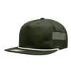 A high-profile relaxed trucker cap in dark green with a mesh back and a decorative rope detail.