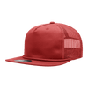 A red 5-panel high profile relaxed trucker hat featuring a mesh back and a flat brim, with branding on the side.