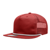 A red 5 panel high profile relaxed trucker cap featuring a mesh back and a decorative rope detail.