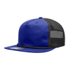 A blue and black high-profile trucker cap with mesh sides and a decorative rope detail. It features a logo.