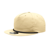 A high-profile, relaxed beige rope hat with a black band and a logo on the front.