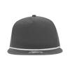 A dark grey high profile 5 panel relaxed rope hat with a white rope detail and a logo on the front.