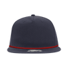 A navy blue high-profile hat with a red rope detail along the brim. It features a branded logo.