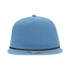 A blue 5-panel high profile relaxed rope hat featuring a black rope detail and a logo on the front.