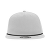 A white 5 panel high profile relaxed rope hat featuring a black rope and a logo on the front.