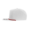A white 5 panel high profile relaxed rope hat with a red rope detail along the brim and a logo on the side.