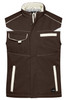 A brown softshell padded vest featuring multiple pockets and light-coloured accents, with a logo on the side.