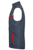 A grey softshell padded vest with red accents and multiple pockets, featuring a logo.
