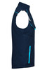 A navy blue softshell padded vest with a zip pocket and contrasting aqua blue accents. It features no sleeves.