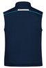 A navy softshell padded vest featuring a zip collar and a logo. It is sleeveless and has a lightweight design.