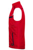 A bright red softshell padded vest with sleeveless design and multiple pockets, featuring a logo.
