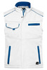 A white softshell padded vest with blue accents and pockets, featuring a logo.