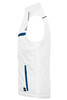 A white softshell padded vest with blue accents, featuring a side zip pocket and a logo.