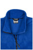 A blue fleece vest featuring a zippered front and a high collar, with a tag indicating the size.