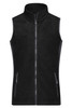 A black fleece vest with a high collar and two zippered pockets, featuring a logo on the side.