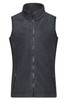 A dark grey fleece vest featuring a high collar and front zip, with two side pockets. It has a logo on it.