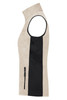 A beige fleece vest with a black side panel and a zippered pocket on the front. It features armholes and a high neck.