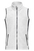 A ladies' workwear fleece vest in white with black side panels and zippered pockets. It features a high collar and a sleek design.