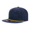 A high-profile relaxed rope hat in navy with a yellow rope detail along the brim. Features a simple logo.