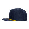 A navy blue 5 panel high profile relaxed rope hat with a yellow trim and a logo on the front.